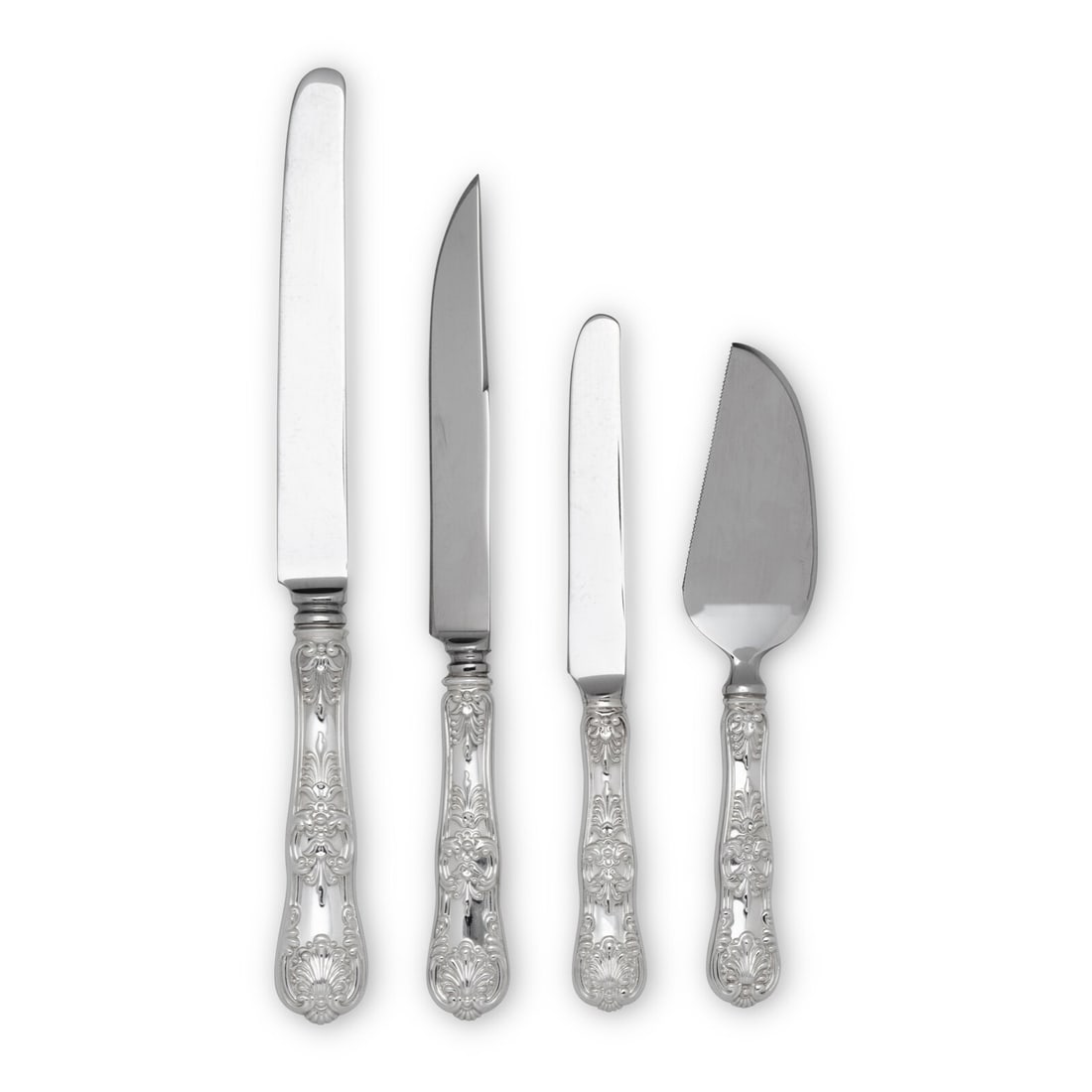 A Tiffany and Co. English King Silver Flatware Service: A Tiffany and Co. English King Silver Flatware Service New York, NY, 20th Century comprising: 12 dinner knives 12 dinner forks 12 luncheon knives 12 luncheon forks 12 place spoons 12 salad forks 12 te