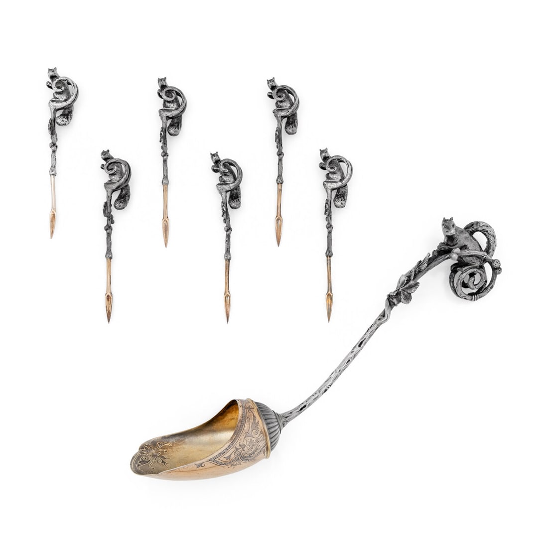 A Tiffany and Co. Silver Nut Scoop and Set of Six Nut Picks (1 of 6)