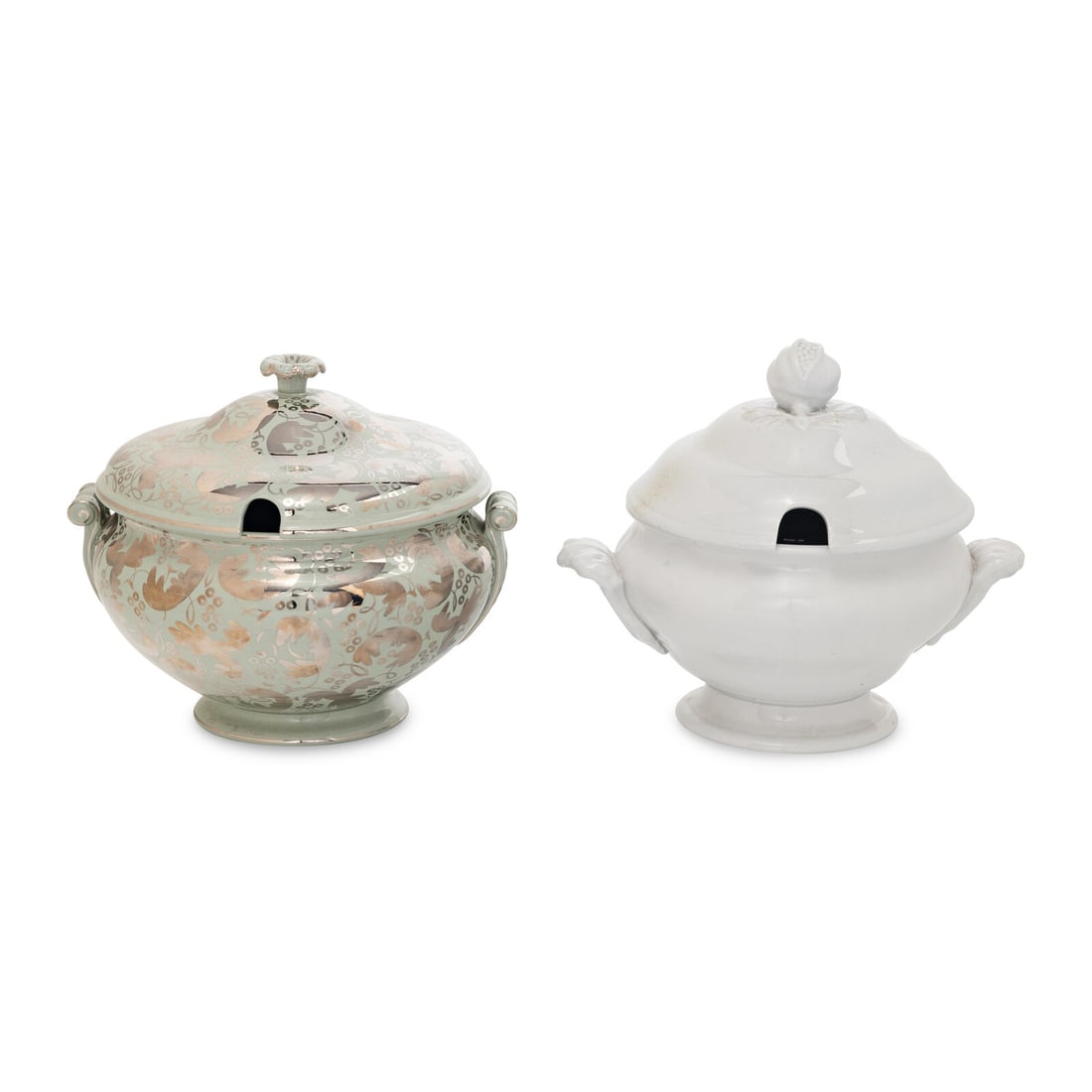 A Wedgwood Lusterware Soup Tureen: A Wedgwood Lusterware Soup Tureen 20th Century marked 'Wedgwood/Hand Painted/Made in England' to underside; together with an Italian white glazed soup tureen. Height of Wedgwood tureen 9 1/4 x diamete
