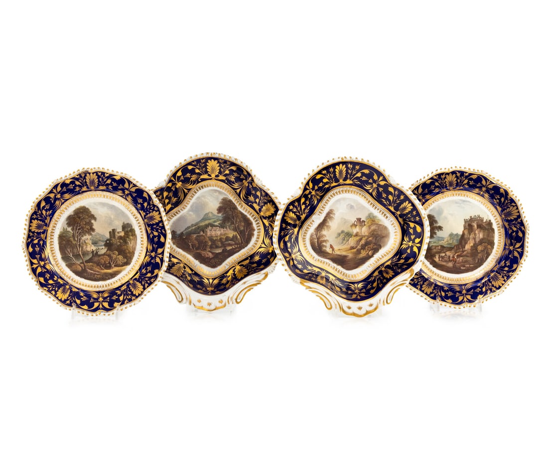 A Group of Bloor Derby Topographical Porcelain Dessert Service Articles: A Group of Bloor Derby Topographical Porcelain Dessert Service Articles Circa 1830-40 comprising two dessert plates and two sweetmeat dishes; four items total. Diameter of plates 8 7/8 inches. This