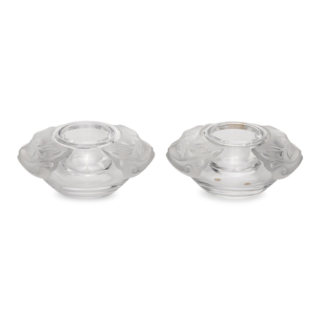 A Pair of Lalique Olga Caviar Bowls: A Pair of Lalique Olga Caviar Bowls Second Half 20th Century each bearing acid etched signature to underside. Height 4 x width 9 x depth 6 1/2 inches. Property from an Important Private Collection, Fl