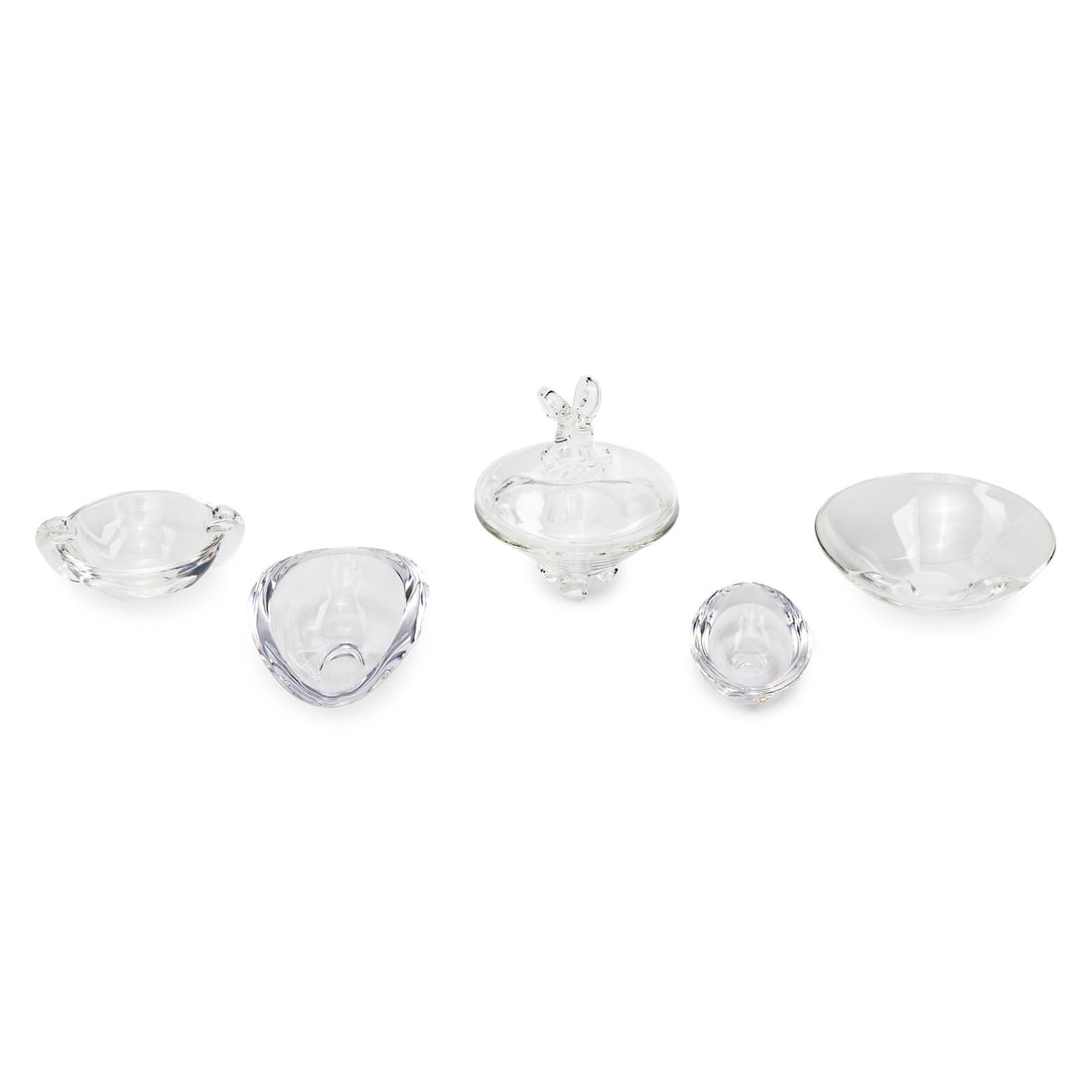 A Group of Five Steuben Glass Table Articles: A Group of Five Steuben Glass Table Articles 20th Century comprising a covered bowl and four assorted open bowls; each signed to underside. Height of bowl and cover 6 inches. This lot is located in Ch