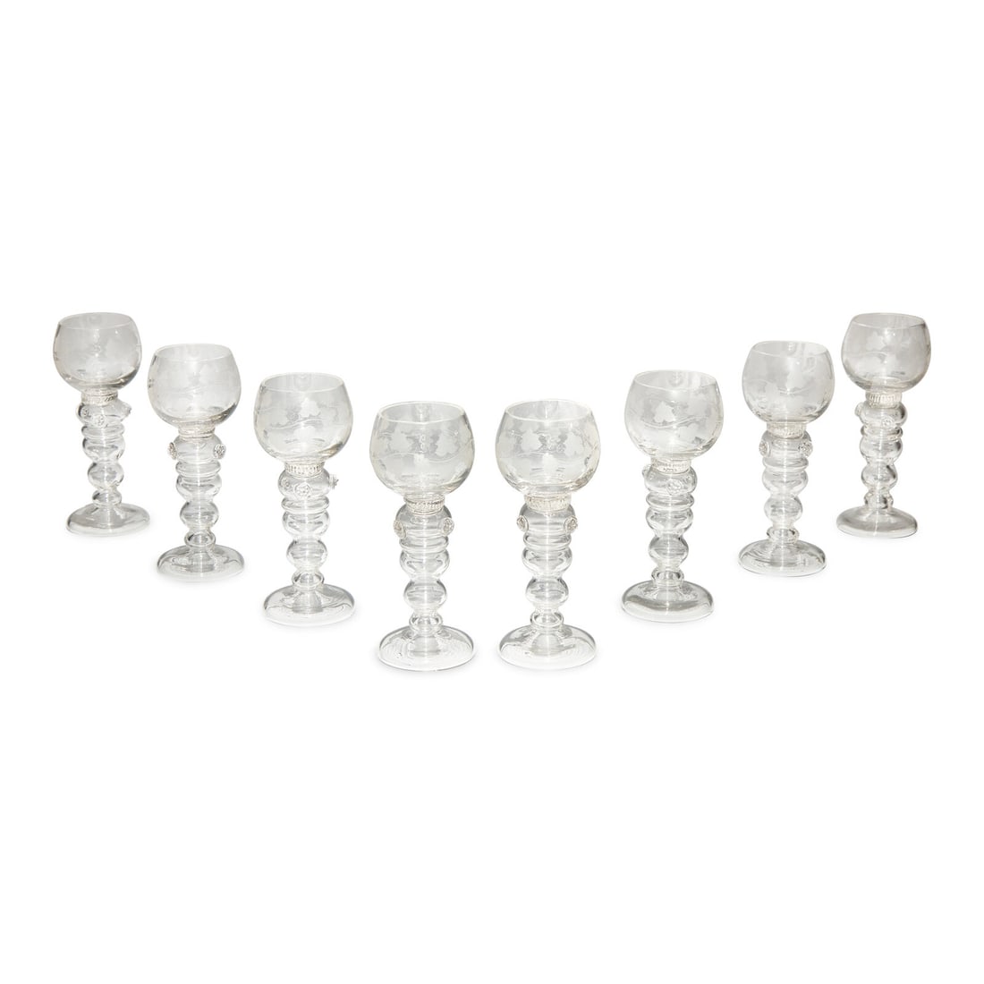 A Set of Eight Blown and Etched Glass Wine Glasses (1 of 3)