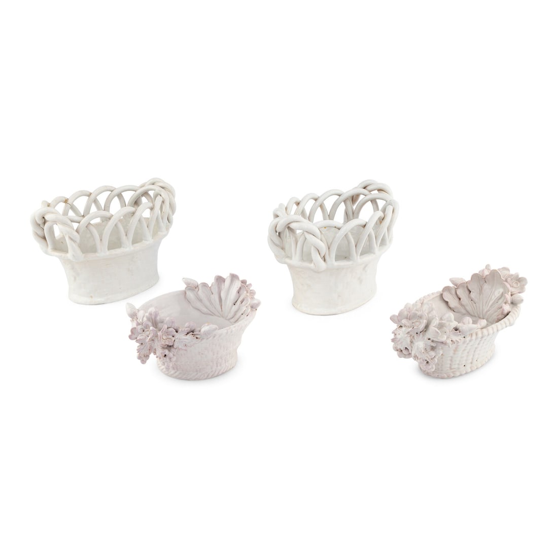 A Group of French Ceramic White Glazed Table Articles: A Group of French Ceramic White Glazed Table Articles comprising four centerpiece bowls, two with open lattice work. Largest height 9 3/4 x width 15 1/2 inches. Property from Strawberry Hill: The Coll