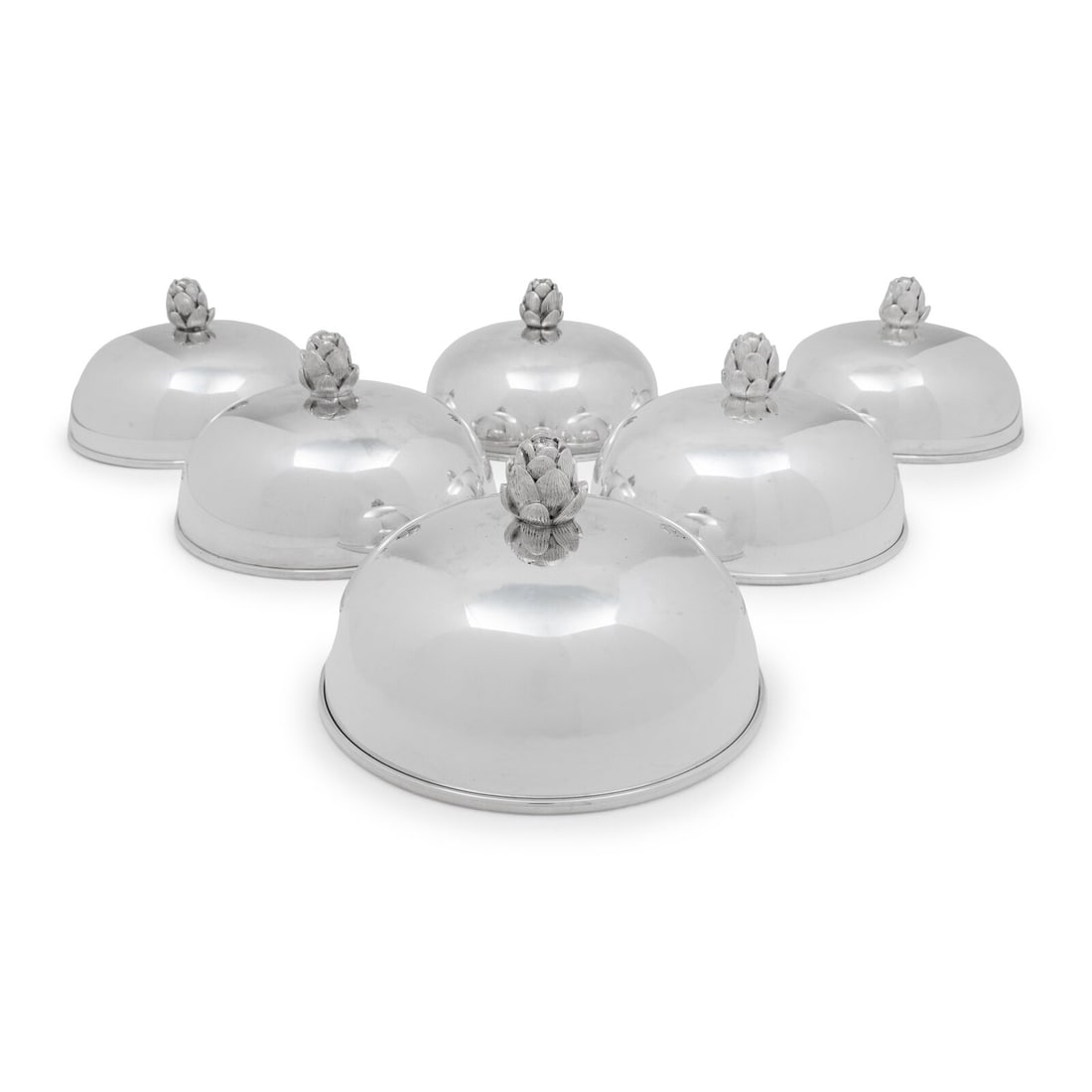 A Set of Six Puiforcat Silver-Plate Cloches: A Set of Six Puiforcat Silver-Plate Cloches 20th Century each with an artichoke finial, marked EP/Puiforcat to rim. Height 5 x diameter 8 inches. This lot is located in Chicago.