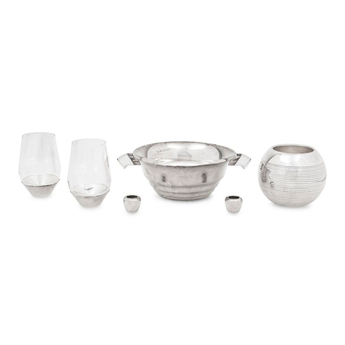 A Group of Puiforcat Table Articles: A Group of Puiforcat Table Articles 20th Century comprising a silver-plate bowl with acrylic handles, a spherical vase, a pair of stemless wine glasses with metal rests, and a pair of small taper