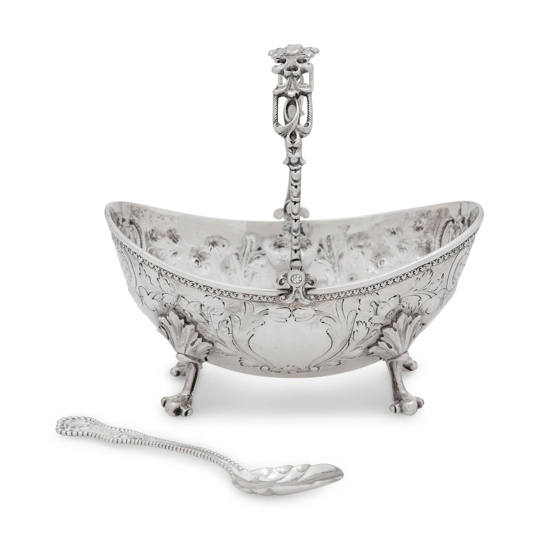 An American Silver Sugar Basket: An American Silver Sugar Basket Maker's Mark Obscured, 19th Century the basket marked 'Pure Coin' to underside; together with an associated Dominick and Haff silver sugar spoon the spoon marked