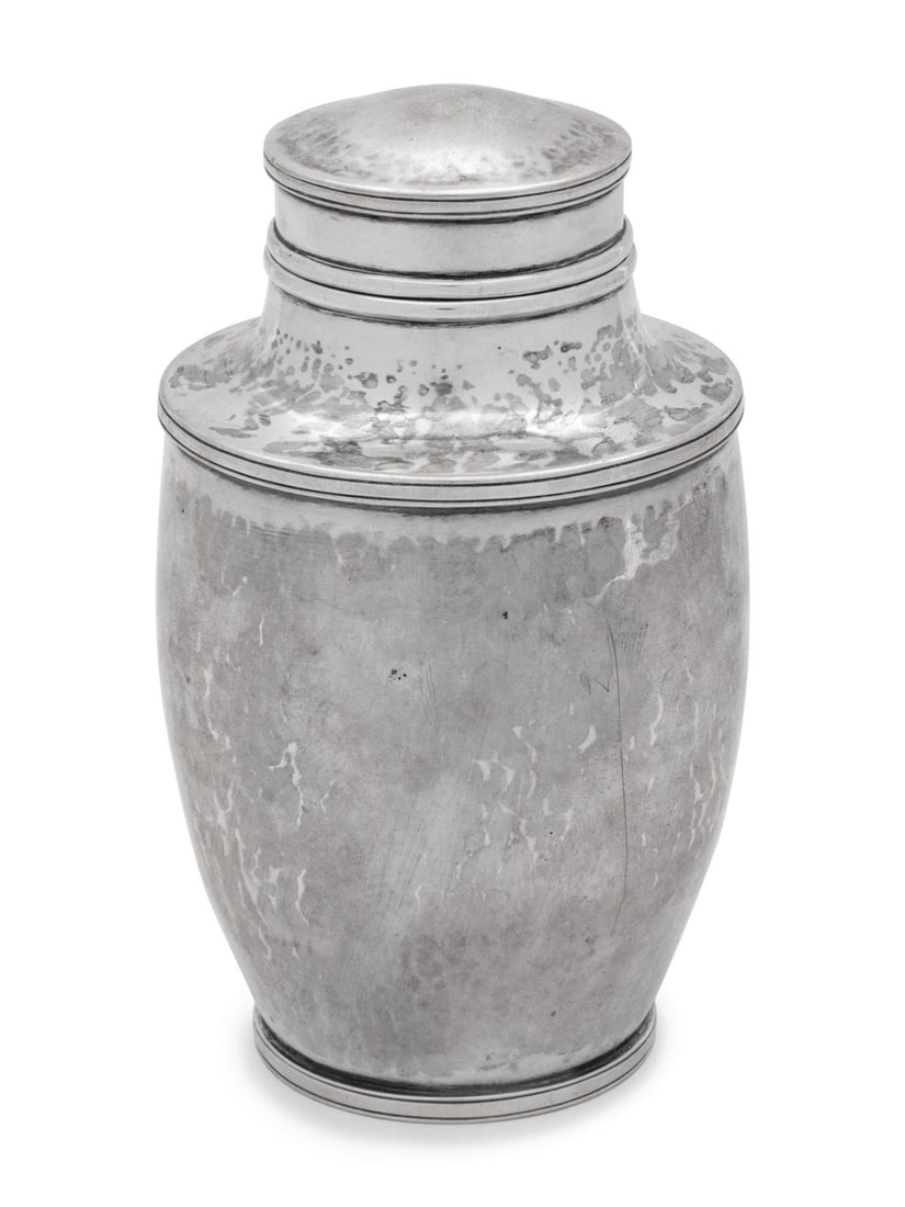 An American Silver Tea Caddy: An American Silver Tea Caddy James T. Woolley, Early 20th Century inscribed to underside "The Nesmiths From The Morses June 10, 1916". marked 'WOOLLEY/STERLING' to underside 6 ozt 16 dwt Height 5