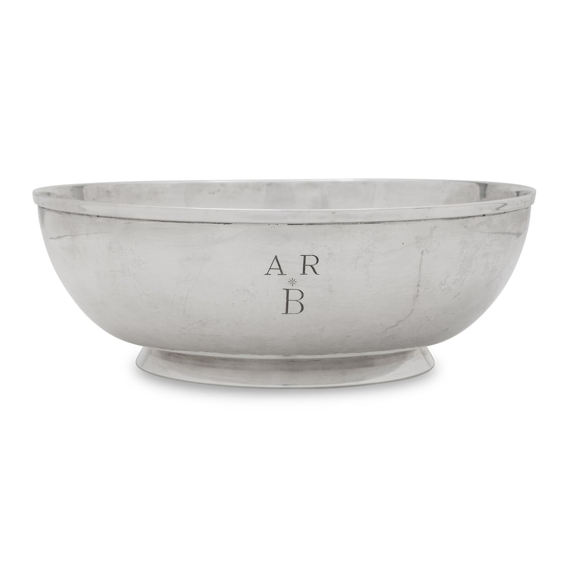 An American Silver Bowl: An American Silver Bowl Old Newbury Crafters, Amesbury, MA, 20th Century bearing engraved monogram 'ARB' to the side of the body, marked Sterling to the underside 28 ozt 10 dwt Height 3 1/2 x