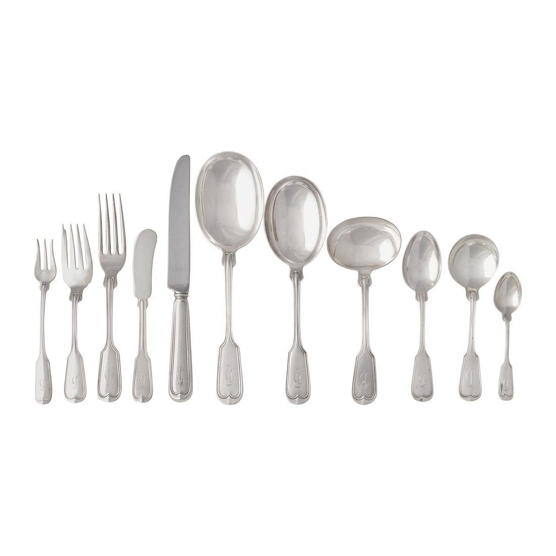An American Silver Flatware Service: An American Silver Flatware Service Frank W. Smith Silver Co., Inc., Gardner, MA, 20th Century each bearing engraved monogram "H", comprising: 8 dinner knives 8 butter spread knives 8 dinner forks 8 s