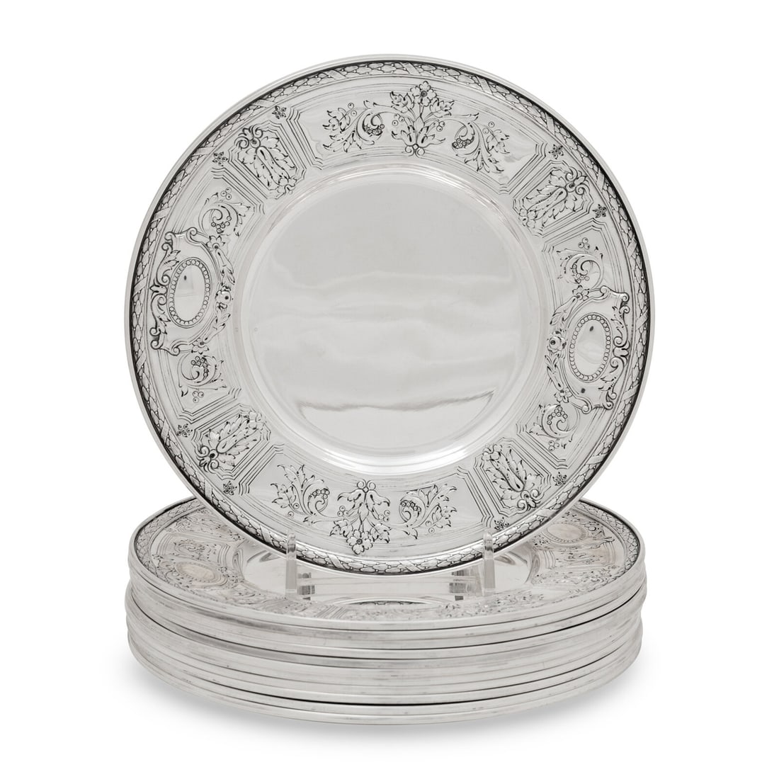 A Set of Twelve American Silver Dessert Plates: A Set of Twelve American Silver Dessert Plates Gorham Mfg. Co., Providence, RI, Circa 1926 the undersides marked 10234/1 and with the sailboat year mark for 1926. each marked 'Sterling' 81 ozt 15 dwt