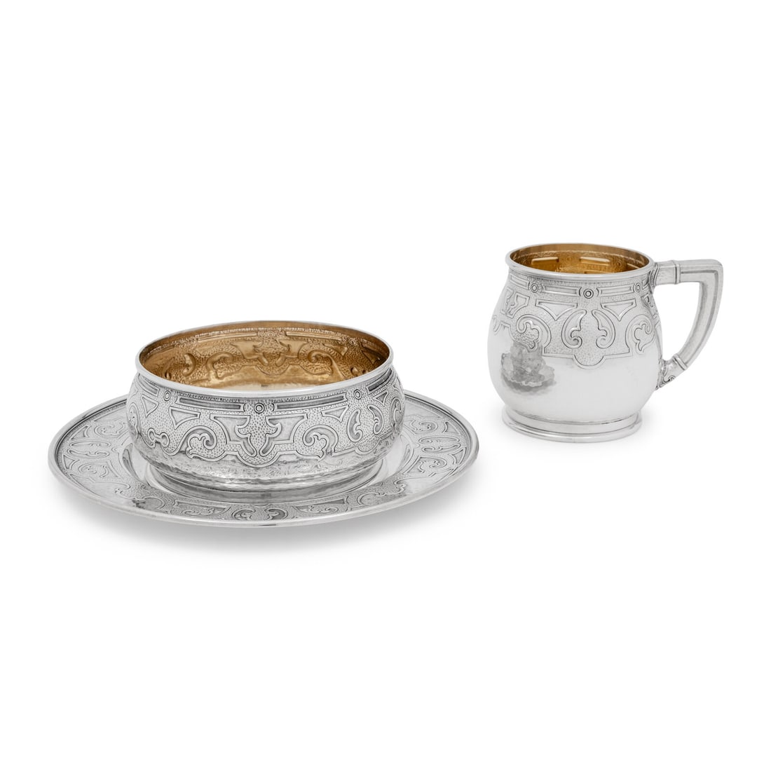 An American Silver Three-Piece Child's Set: An American Silver Three-Piece Child's Set Gorham Mfg. Co, Providence, RI, Early 20th Century retailed by J.E. Caldwell and Co., comprising a cup, bowl, and plate. cup and bowl stamped 'Sterling' to