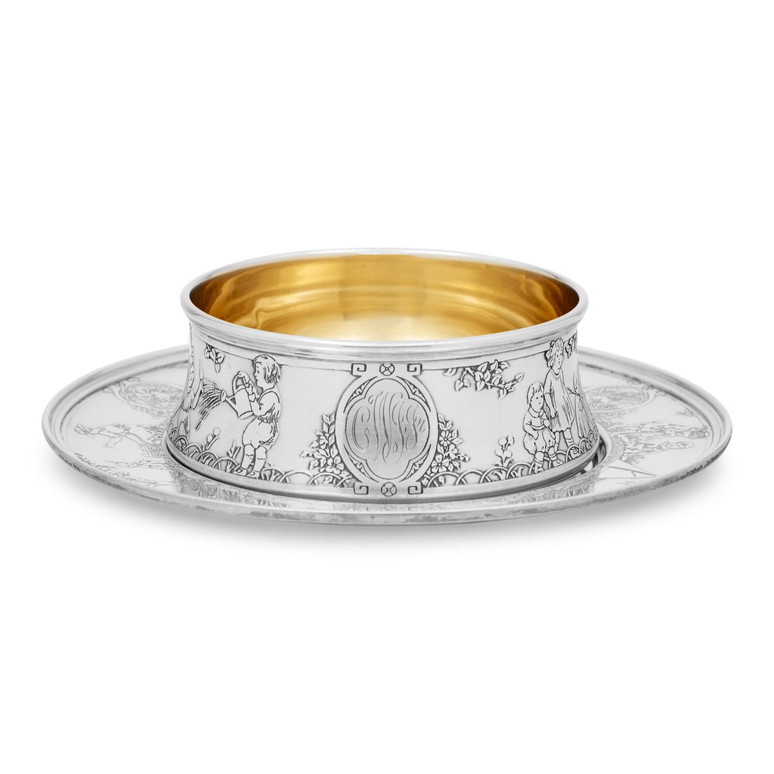 An American Silver Child's Bowl and Plate: An American Silver Child's Bowl and Plate Lebkuecher and Co., Newark, NJ, Early 20th Century marked 'Sterling' to underside 9 ozt 12 dwt gross Diameter of plate 7 1/4 inches. Property from a Midwest