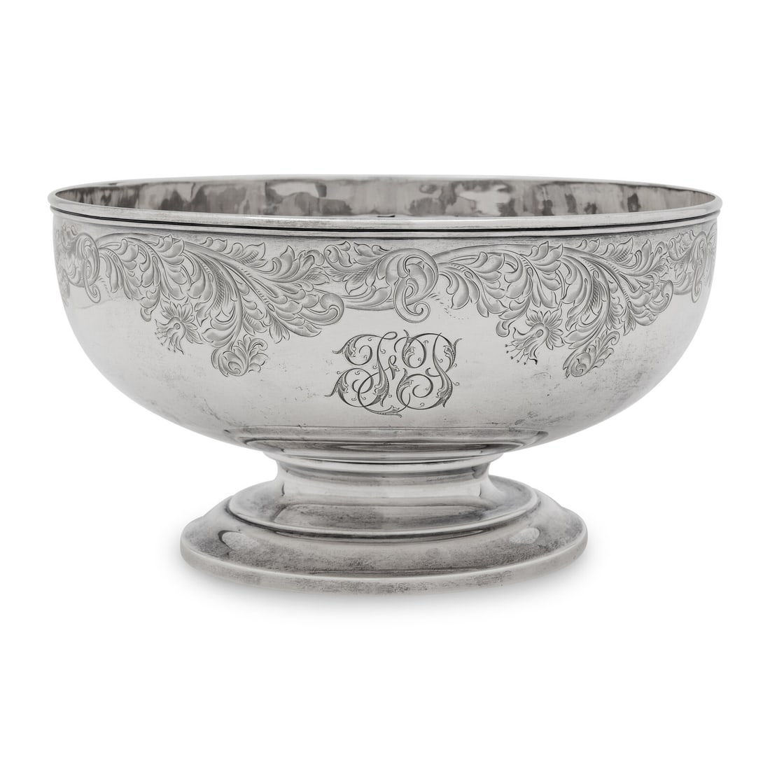 An American Silver Center Bowl: An American Silver Center Bowl Howard and Co., New York, NY, 20th Century the body decorated with a chased foliate motif. marked 'Sterling' to underside 23 ozt 5 dwt Height 5 x diameter 9 inches.