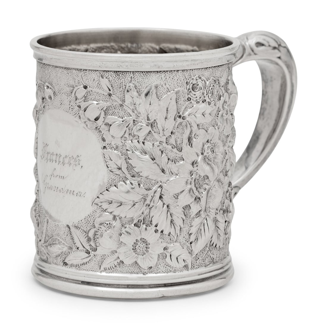 An American Silver Repousse Mug: An American Silver Repousse Mug Whiting Mfg. Co., New York, NY, 20th Century marked 'Sterling' to underside 5 ozt Height 3 1/2 inches. This lot is located in Chicago.