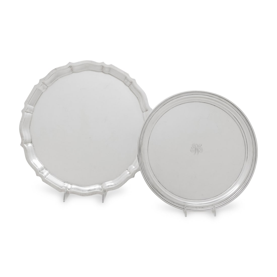 Two American Silver Serving Trays: Two American Silver Serving Trays 20th Century comprising one example by Tiffany & Co. with an engraved monogram to the center; and one example by Gorham. each marked for Sterling to the underside 54