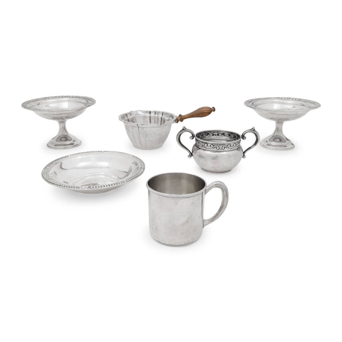 A Collection of American Silver Articles: A Collection of American Silver Articles Various Makers, 19th/20th Century comprising a pair of weighted Wallace tazze, a shallow bowl by Frank M. Whiting, a twin handled bowl by Gorham, a pipkin by