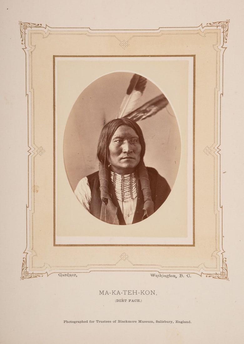 Alexander Gardner (1821-1882) Studio Portrait of Dirt Face, Ma-Ka-Teh-Kon. Washington, DCca 1870: Alexander Gardner (1821-1882) Studio Portrait of Dirt Face, Ma-Ka-Teh-Kon. Washington, DCca 1870 albumen photograph 5 1/4 x 4 in. albumen photograph, tipped on ornately scrolled Blackmore Museum mount