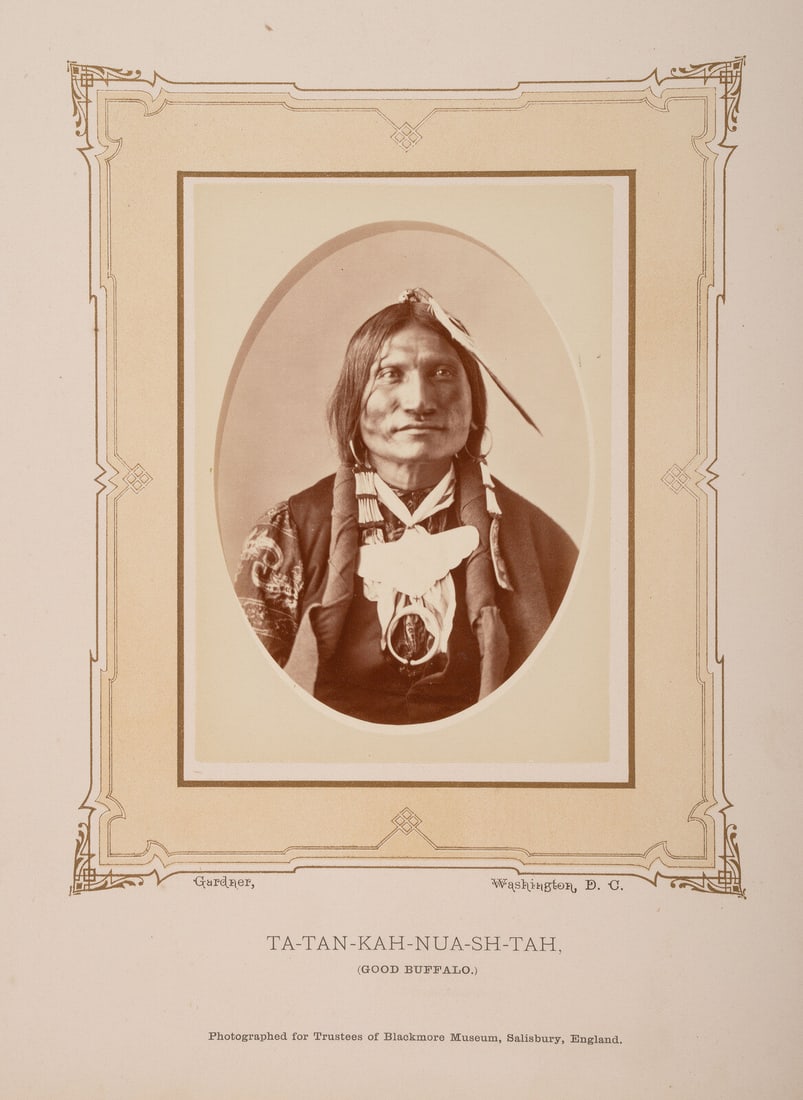 Alexander Gardner (Scottish-American, 1821-1882) Good Buffalo, Ta-Tan-Kah-Nua-Sh-Tah. Washington,: Alexander Gardner (Scottish-American, 1821-1882) Good Buffalo, Ta-Tan-Kah-Nua-Sh-Tah. Washington, DCca 1870 albumen photograph 5 1/4 x 4 in., tipped on ornately scrolled Blackmore Museum mount, which 