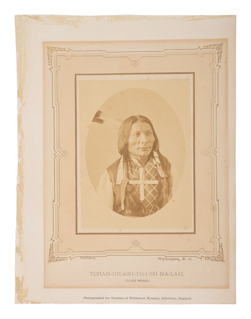 Alexander Gardner (Scottish-American, 1821-1882) Lone Wolf, Blackfeetca 1870: Alexander Gardner (Scottish-American, 1821-1882) Lone Wolf, Blackfeetca 1870 albumen photograph 5 1/4 x 4 in. albumen photograph, tipped on ornately scrolled Blackmore Museum mount, 10 x 7 3/4 in. Low