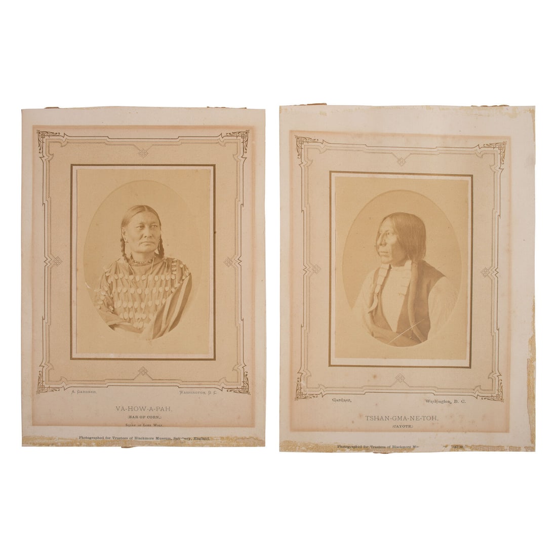Alexander Gardner (Scottish-American, 1821-1882) Portraits of Cayote AND Ear of Corn, Lone Wolf's: Alexander Gardner (Scottish-American, 1821-1882) Portraits of Cayote AND Ear of Corn, Lone Wolf's Wifeca 1870 albumen photographs lot of 2, each approx. 5 1/4 x 3 7/8 in., tipped on ornately scrolled 