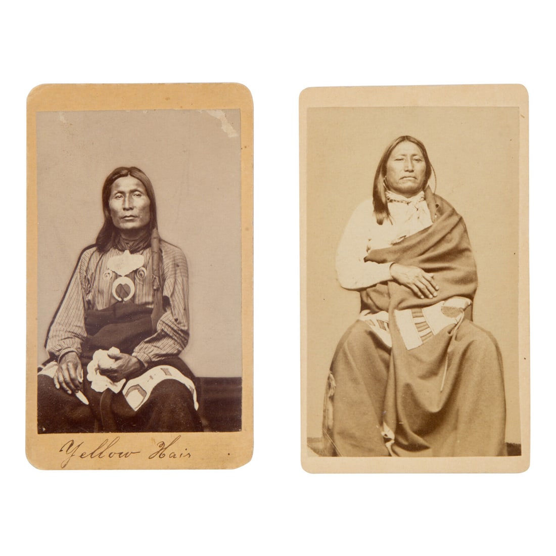Byron H. Gurnsey (American, 1833-1880) Spotted Tail and Yellow Hair, Brule Lakota: Byron H. Gurnsey (American, 1833-1880) Spotted Tail and Yellow Hair, Brule Lakota cartes de visite 2 CDVs on cardstock mounts, each with verso imprint of B.H. Gurnsey, Colorado Springs, Colorado, ca 1