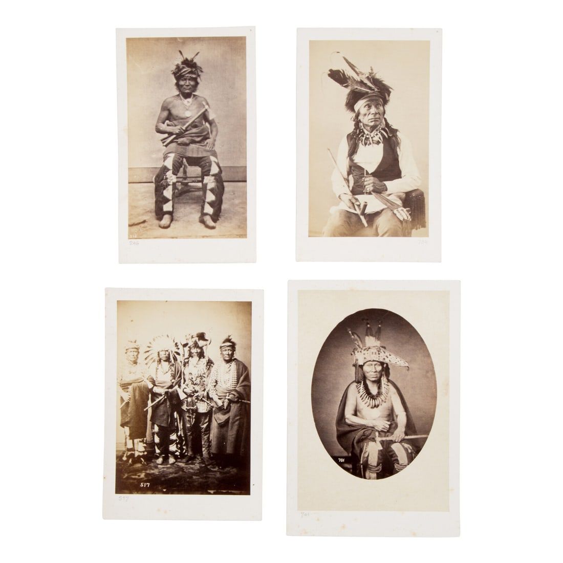 Portraits of Sac and Fox, Iowa, Ponca, and Sioux Leaders by Gurnsey, McClees, and Shindler: Portraits of Sac and Fox, Iowa, Ponca, and Sioux Leaders by Gurnsey, McClees, and Shindler lot of 4, includes: albumen photograph, possibly of an Iowa Indian, approx. 6 3/8 x 3 3/4 in., on later cards