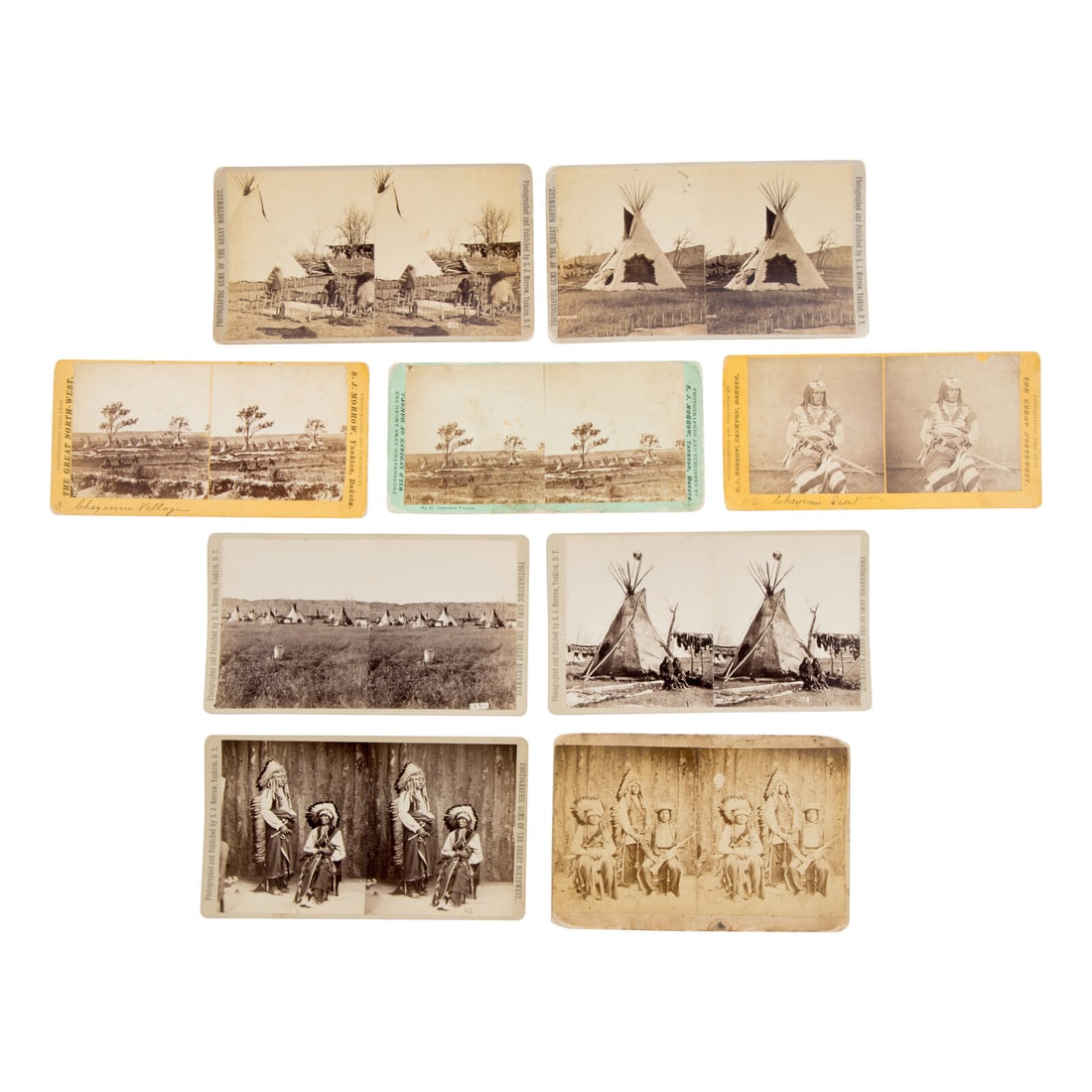 Stanley J. Morrow (American, 1843-1921) Cheyenne: Stanley J. Morrow (American, 1843-1921) Cheyenne stereoviews lot of 9 stereoviews on cardstock mounts, most with imprint of S.J. Morrow, Yankton, Dakota / Dakota Territory, and printed or manuscript t