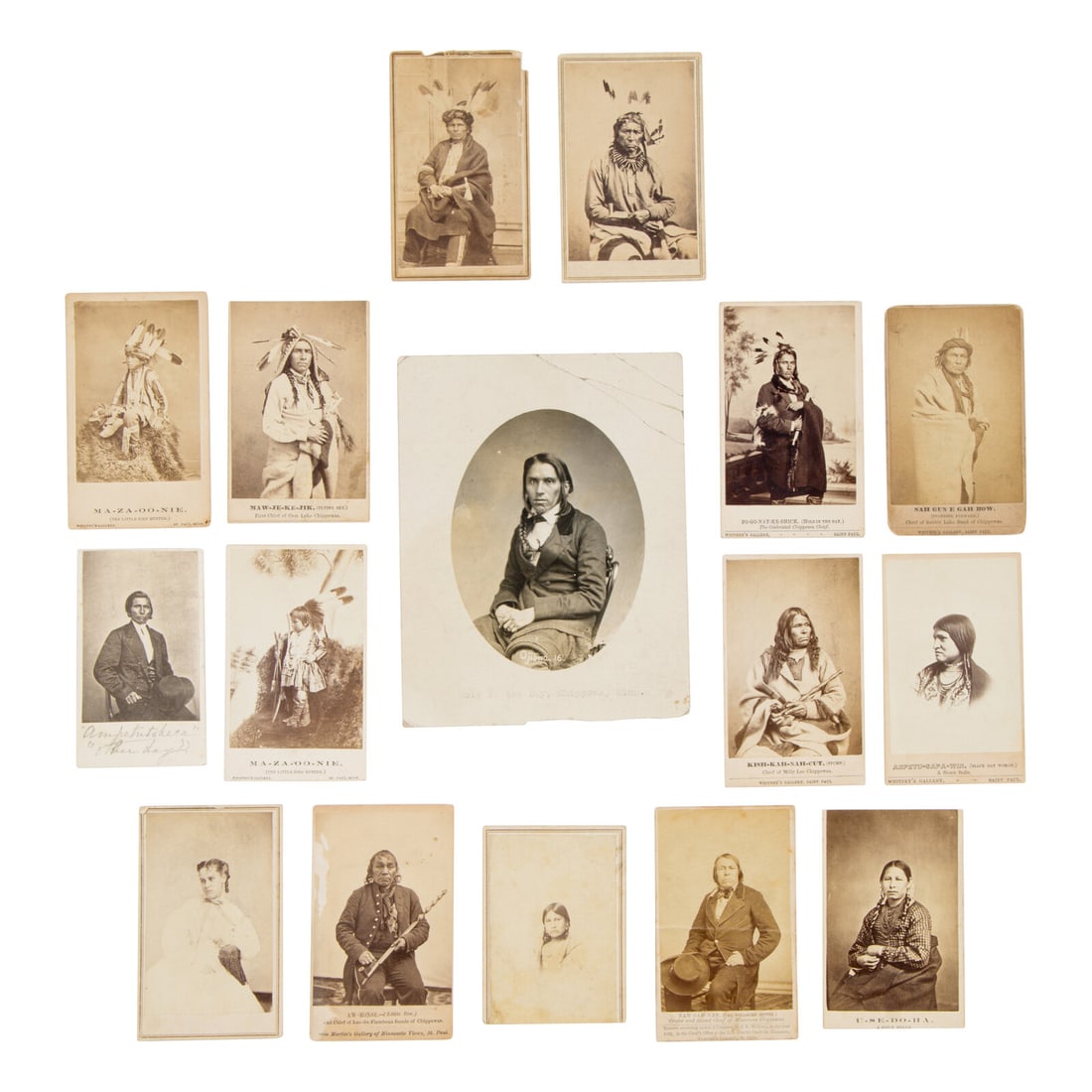 Portraits of Sioux Involved in the 1862 Dakota Uprising in Minnesota: Portraits of Sioux Involved in the 1862 Dakota Uprising in Minnesota cartes de visite lot of 16 photographs, 15 of which are CDVs on cardstock mounts credited to St. Paul, Minnesota studios, including