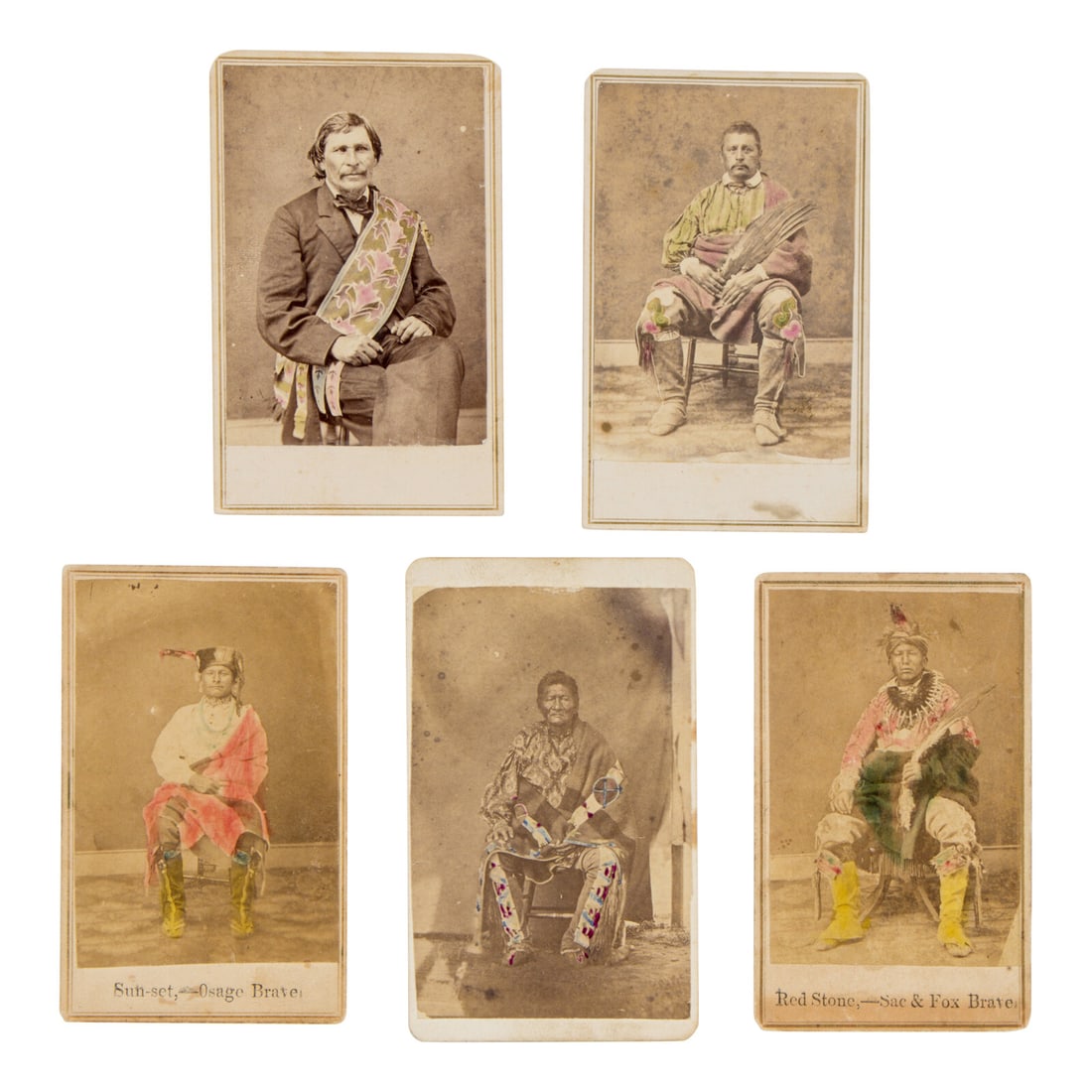 Albert W. Barker (American, 1874-1947) Hand-tinted Portraits of Osage, Ottawa, and Sac & Fox: Albert W. Barker (American, 1874-1947) Hand-tinted Portraits of Osage, Ottawa, and Sac & Fox Leaders cartes de visite lot of 5 CDVs on cardstock mounts, some portraits with hand tinting. Four with