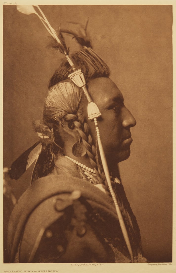 Edward Curtis (American, 1868-1952) Swallow Bird - Apsaroke, 1908: Edward Curtis (American, 1868-1952) Swallow Bird - Apsaroke, 1908 plate 134 on Japanese Gampi tissue mounted to larger sheet, in mat. 17-3/4 x 11-3/4 inches (451 x 298 mm) This lot is located in