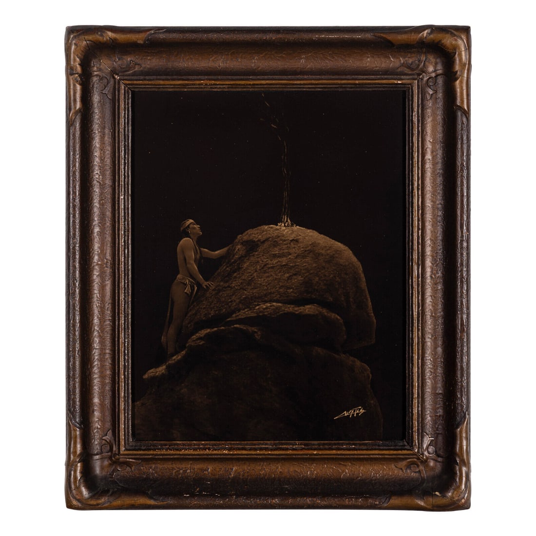 Edward S. Curtis (American, 1868-1952) Signal Fire to the Mountain Gods: Edward S. Curtis (American, 1868-1952) Signal Fire to the Mountain Gods orotone (sight) 13-1/2 x 10-1/2 inches; (framed) 18-1/2 x 15-1/2 inches This lot is located in Chicago.