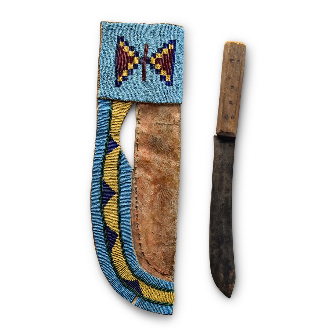 Northern Plains Beaded Hide Knife Sheath, with Knife: Northern Plains Beaded Hide Knife Sheath, with Knife fourth quarter 19th century parfleche sheath coated with red pigment and having brass wire stitching; beadwork is sinew-sewn using colors of light 
