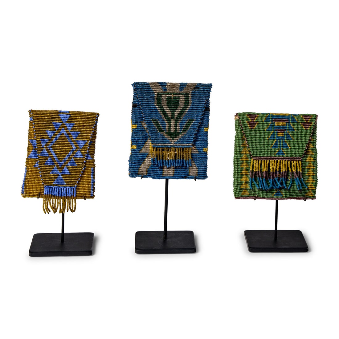 Pit River Beaded Bags: Pit River Beaded Bags ca 1900 lot of 3, includes: one beaded with a periwinkle diamond against an amber ground; length 4-1/2 inches x 3-1/4 inches another designed with colors of colors of amber, tran