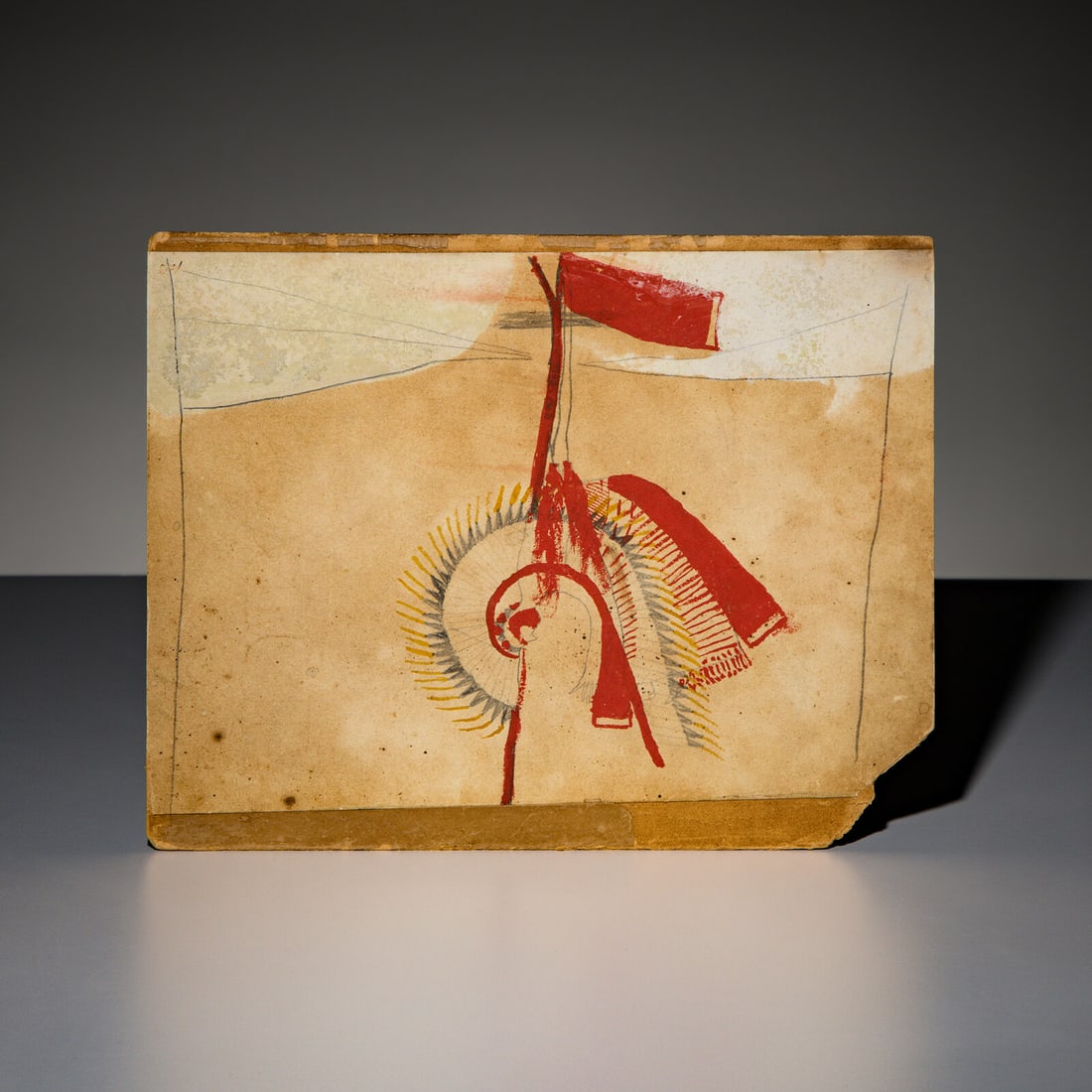 Rain-In-The-Face (Lakota, 1835-1905) untitled, Sundance Scene: Rain-In-The-Face (Lakota, 1835-1905) untitled, Sundance Scene cardstock painted with a sense of movement and motion; image depicts a warrior pierced and tied to a Sundance pole inscribed on verso: "Pa
