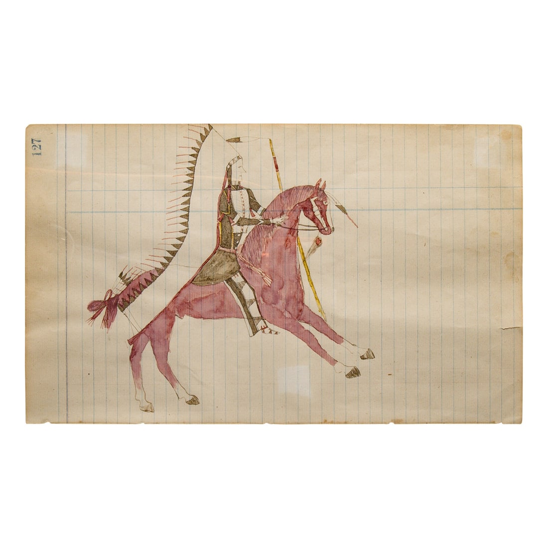 Wanbli Hito, Roan Eagle (Lakota, b. 1863) untitled, warrior on horsebackca 1890 (1 of 3)