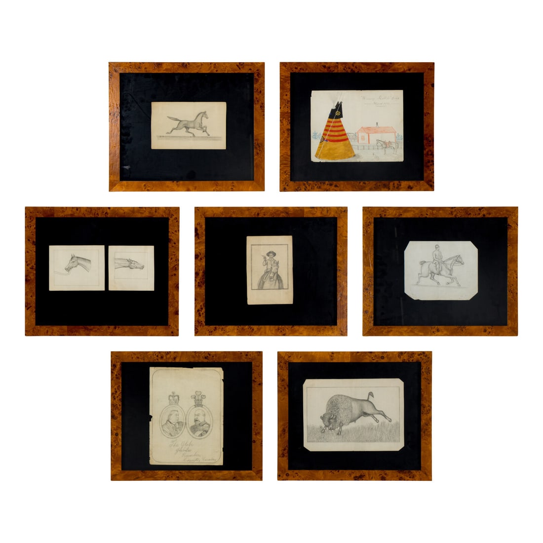 Houghton Running Rabbit (Blackfeet, 19th/20th century) untitled, portraits and wildlife: Houghton Running Rabbit (Blackfeet, 19th/20th century) untitled, portraits and wildlife pencil on paper lot of 7, includes: a pencil drawing of a stampeding buffalo; (paper) 7-7/8 x 10-7/8 inches; (fr