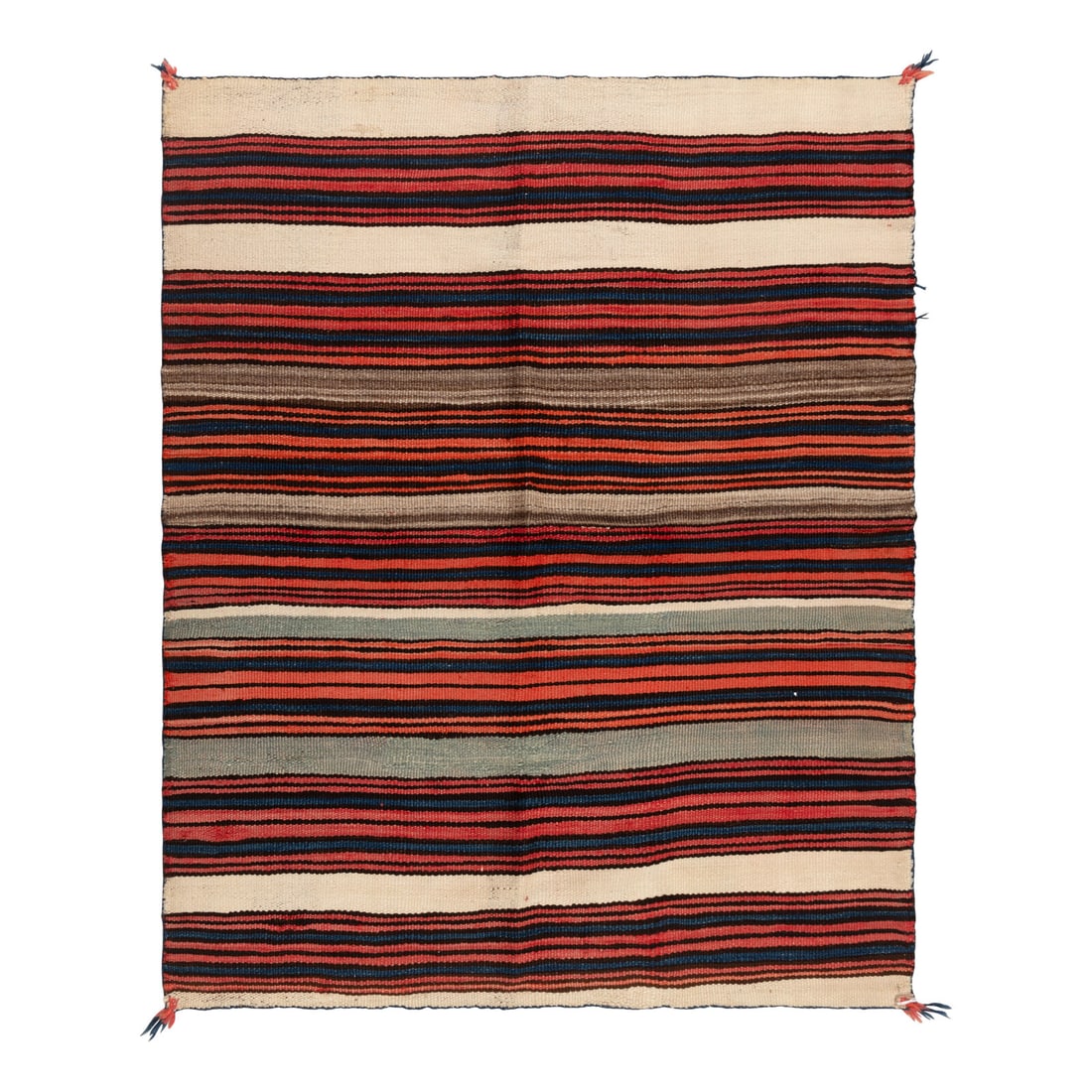 Pueblo Child's Blanket [Rug]: Pueblo Child's Blanket [Rug] fourth quarter 19th century softly woven using colors of red, indigo, cream, carded brown, and a soft gray-green; banded design; warps of cream and brown wool 52-1/2 x 41