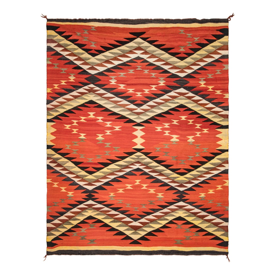 Navajo Transitional Weaving [Rug]: Navajo Transitional Weaving [Rug] early 20th century thin, soft weave; having a design of barbs and serrated bands in colors of yellow, red, dark brown, light brown, and cream 75 x 56 inches Mrs.