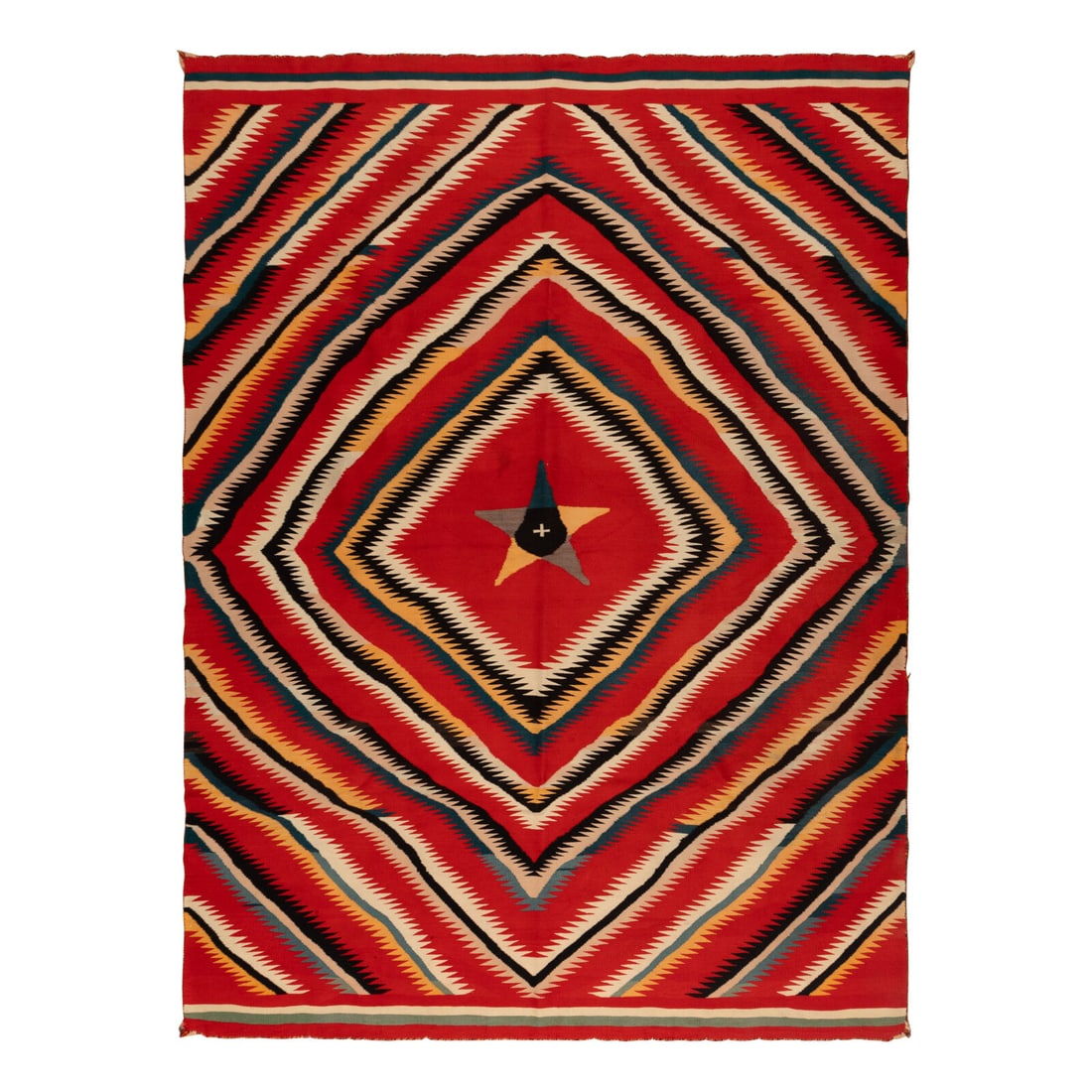 Navajo Germantown Weaving [Rug]: Navajo Germantown Weaving [Rug] late 19th century woven in colors of red, black, teal, gold, soft pink. green, blue, and gray; having an overall eye-dazzling star pattern 83-1/2 x 63 inches This lot