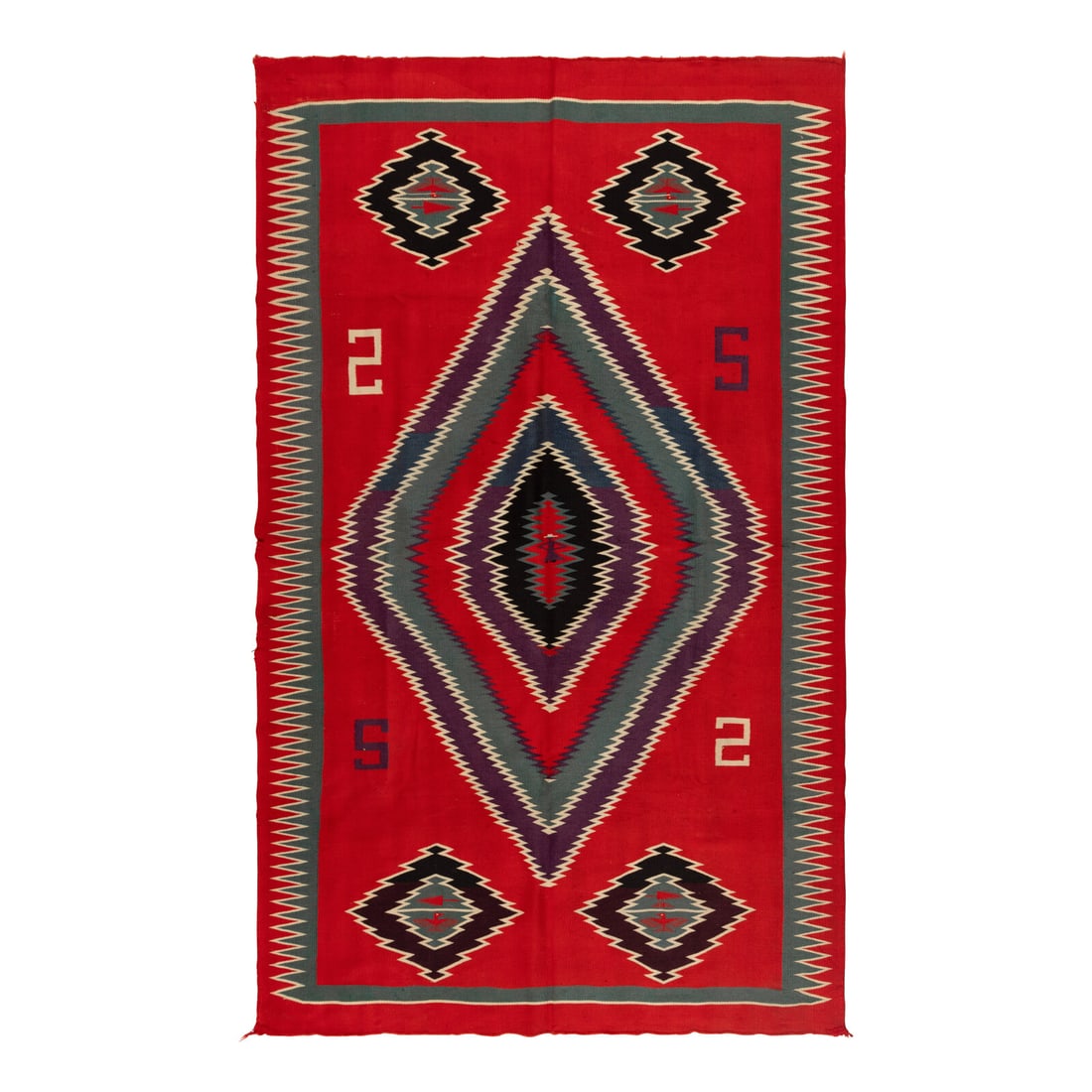 Navajo Germantown Pictorial Weaving [Rug]: Navajo Germantown Pictorial Weaving [Rug] late 19th century woven with colors of red, cream, teal, green, and purple; central serrated diamond contains a woman wearing a hat; corner diamonds contain t