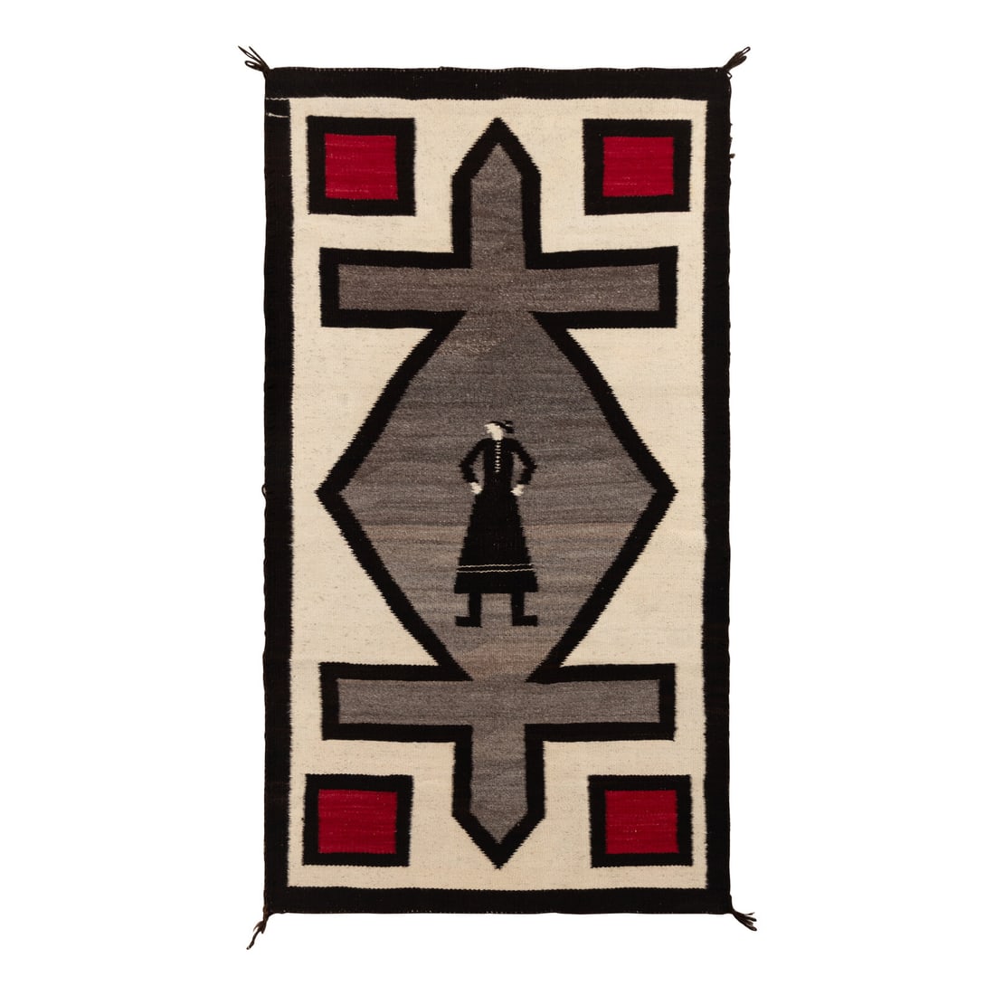 Navajo J.B. Moore Variant Weaving [Rug]: Navajo J.B. Moore Variant Weaving [Rug] early 20th century a variation of Plate XIV woven in red, black, and grey against a cream ground; a figure of a woman is placed in the center diamond 60-1/2 x