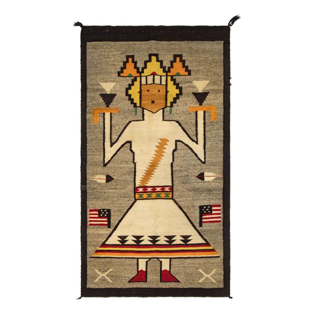 Navajo Weaving of a Holy Person [Rug]: Navajo Weaving of a Holy Person [Rug] second quarter 20th century woven with browns, cream, and bright colors of yellow, orange, green, and red; central figure is surrounded by American Flags, and