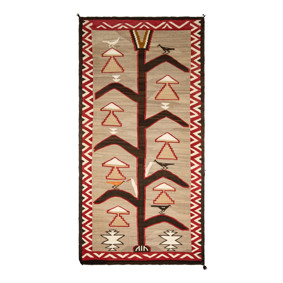 Navajo Pictorial Weaving, Cornstalk of Life [Rug]: Navajo Pictorial Weaving, Cornstalk of Life [Rug] second quarter 20th century woven of handspun wool with colors of dark browns, cream, red, with a single bird of orange 120 x 53 inches This lot is