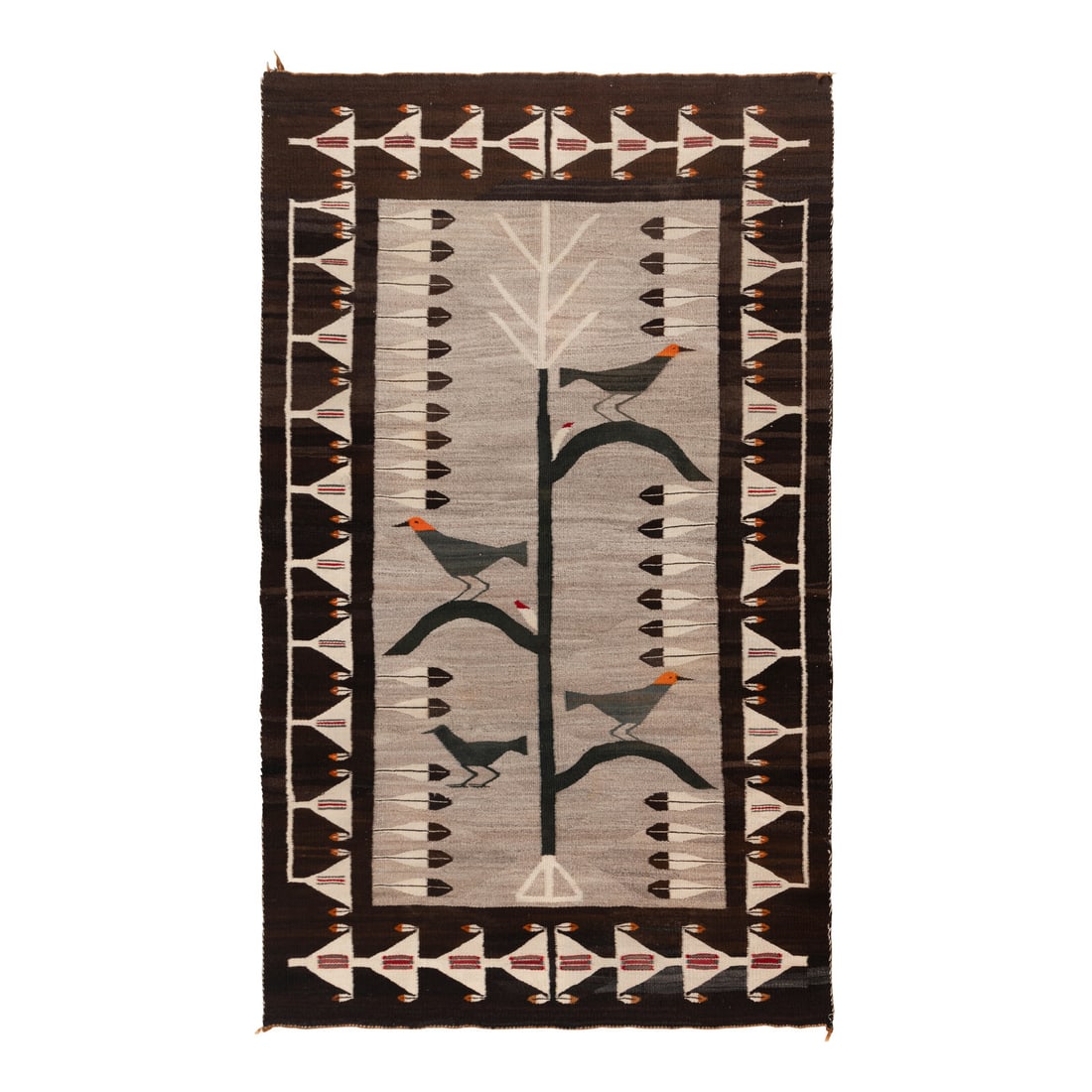Navajo Pictorial Weaving, Cornstalk of Life [Rug]: Navajo Pictorial Weaving, Cornstalk of Life [Rug] second quarter 20th century handspun wool woven with colors of browns, green, orange, red, and cream; a border of dance wands surrounds a cornstalk