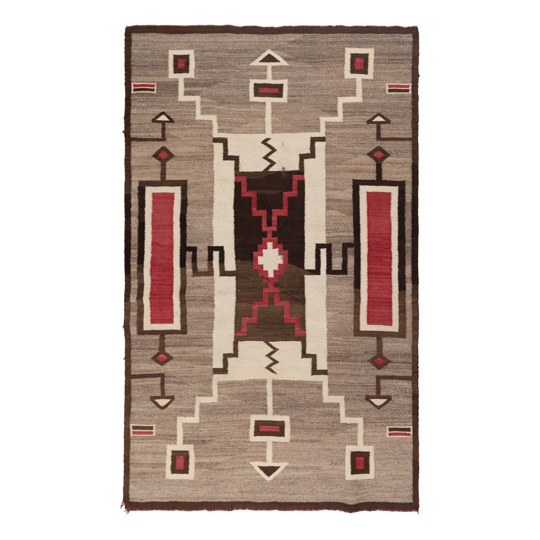 Navajo Storm Pattern Weaving [Rug]: Navajo Storm Pattern Weaving [Rug] second quarter 20th century flat weave; handspun wool in colors of carded browns, red, and cream 68 x 42-1/2 inches Mrs. Susan Gadpaille Collection This lot is