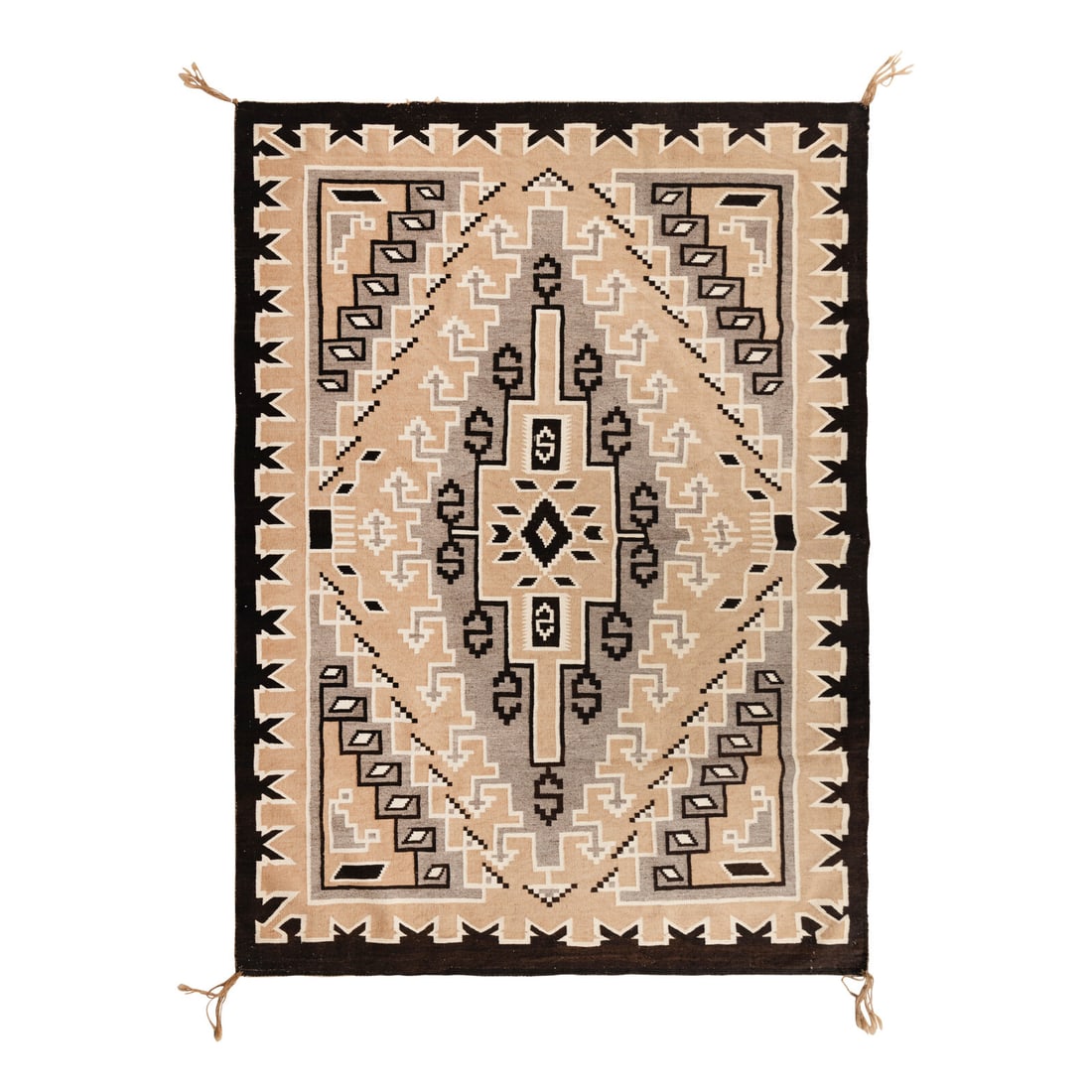 Navajo Two Grey Hills Unknown Master Weaving, Published [Rug]: Navajo Two Grey Hills Unknown Master Weaving, Published [Rug] mid-20th century finely woven of natural black, tan, gray, and cream; overall diamond design 12 warp, 54 weft; 62-1/2 x 47 inches