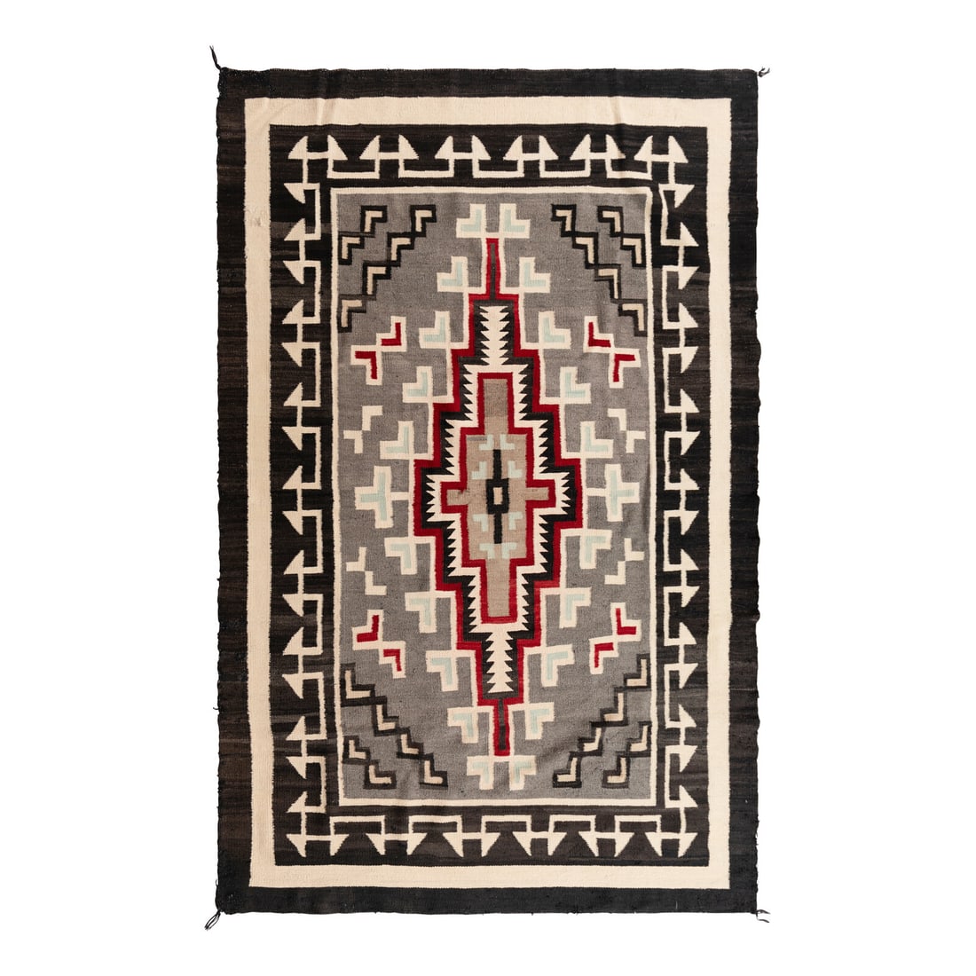 Navajo Two Grey Hills Weaving, with Turquoise Accents [Rug]: Navajo Two Grey Hills Weaving, with Turquoise Accents [Rug] second quarter 20th century woven using colors of black, cream, gray, tan, red, and turquoise; featuring a central elongated stacked