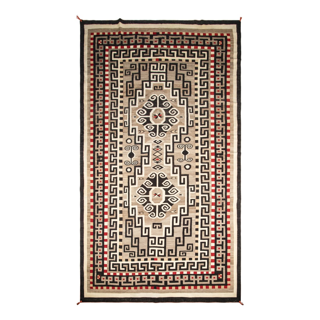 Navajo Bisti Roomsize Weaving [Rug]: Navajo Bisti Roomsize Weaving [Rug] early 20th century handspun wool woven with colors of red, browns, and cream; with a busy design of blocks, frets, and hooks; center design composed of curved