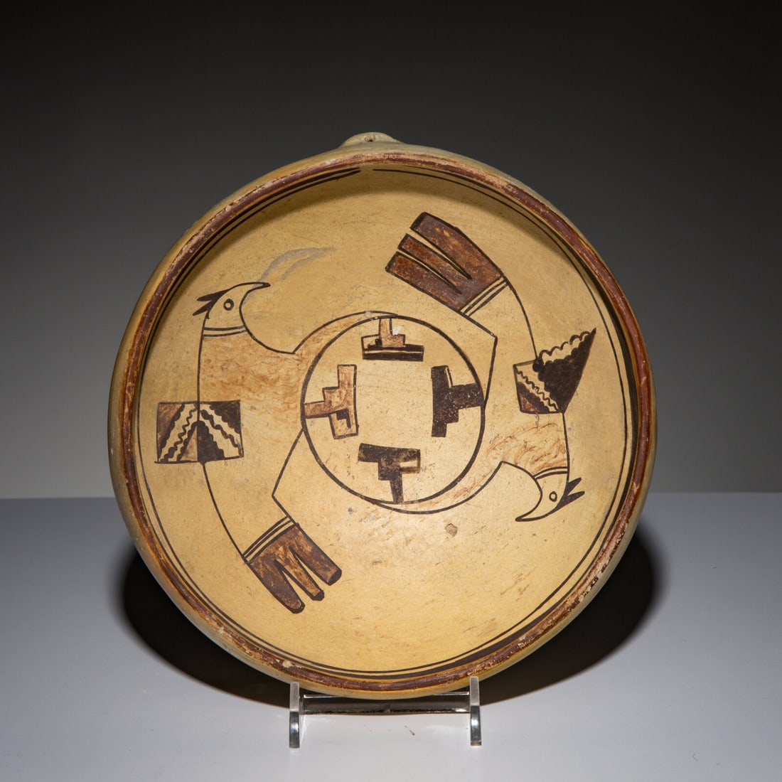 Polacca Polychrome Bowl, with Parrots: Polacca Polychrome Bowl, with Parrots late 19th century pierced lug handle at top height 2-1/2 inches x diameter 8 inches This lot is located in Chicago.